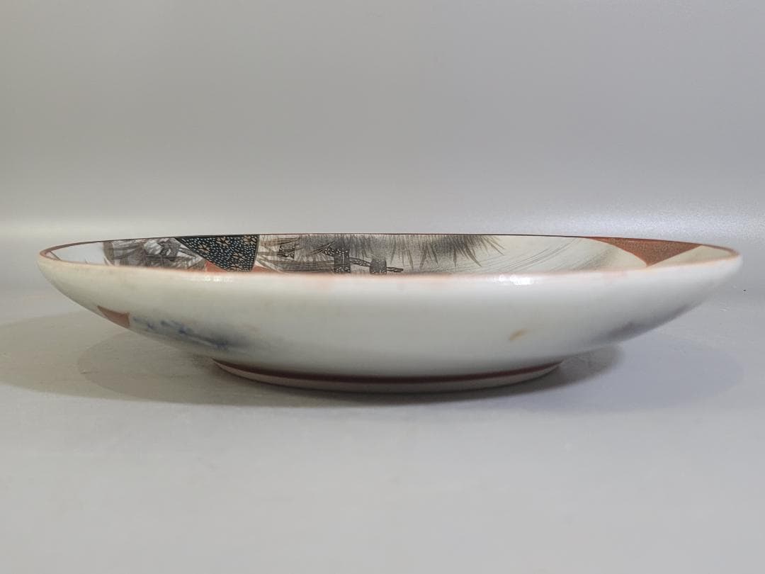 九谷 金彩赤絵 舟遊び図 細密 皿 幅 23.6ｃｍ 明治 DT353