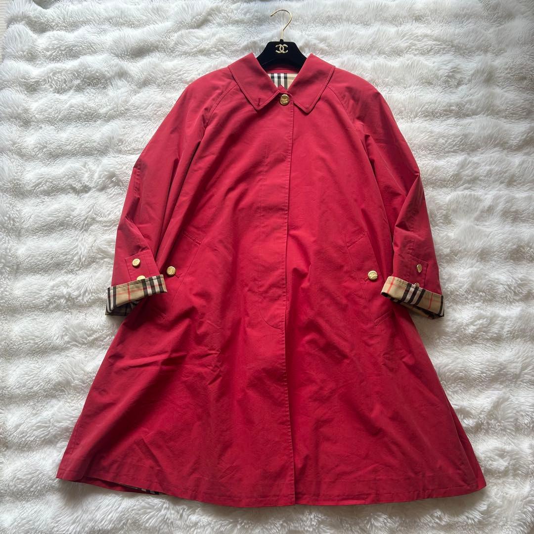 【希少】BURBERRY ノバチェック ステンカラーコート 赤 金ボタン 大きめ