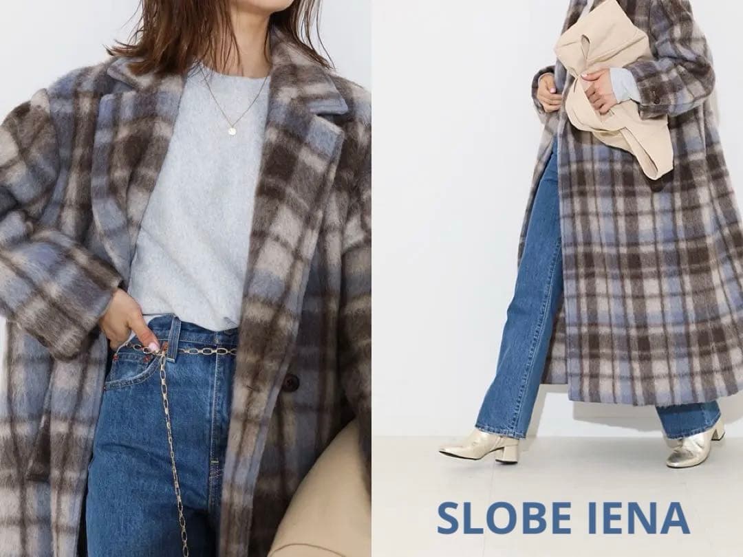 SLOBE IENA チェック　シャギー　ロングコート　36