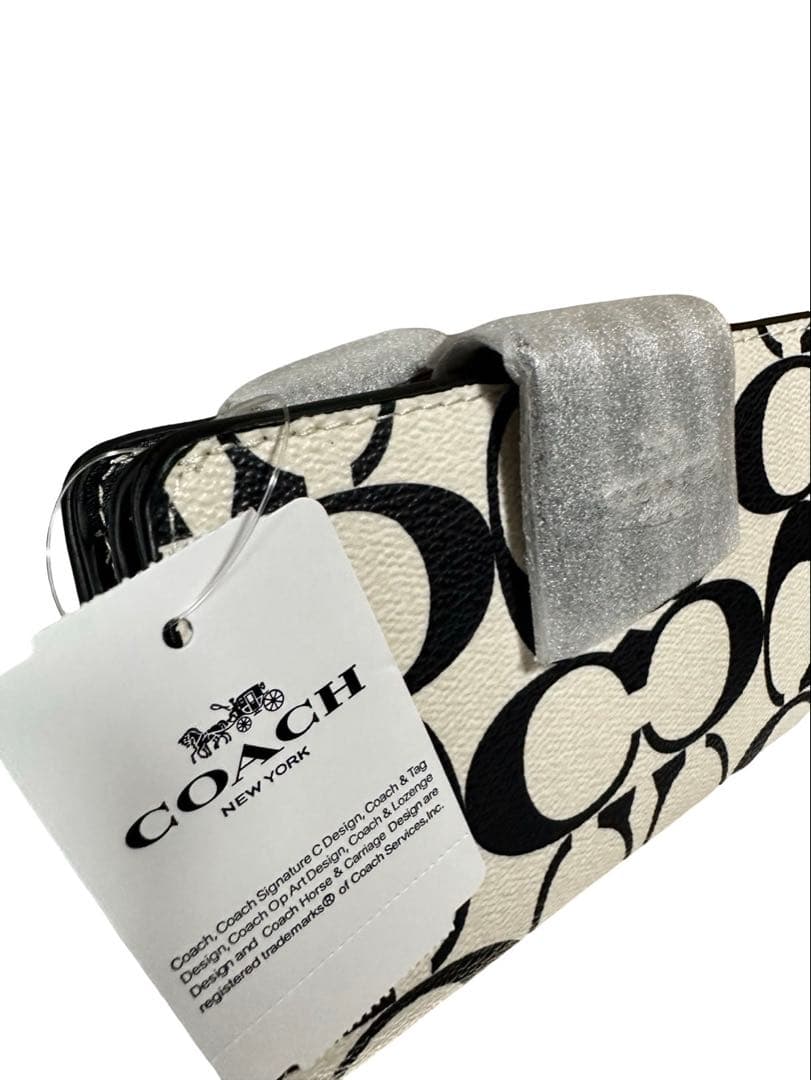 COACH コーチミニ財布 シグネチャー ホワイト×ブラック レザー タグ付き