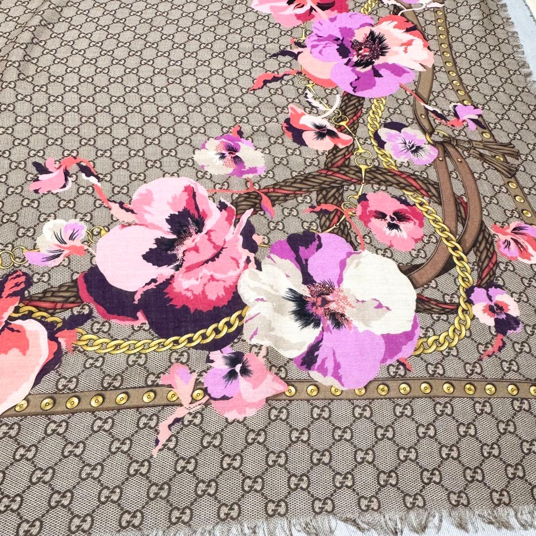 GUCCI グッチ　大判スカーフ　ウール　GG柄　パンジー　花柄　ピンク