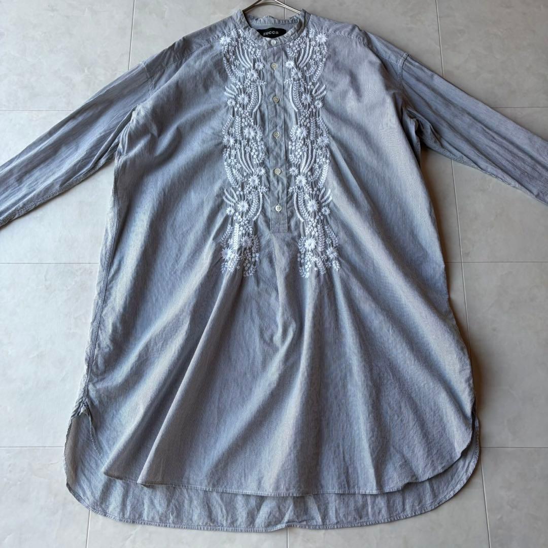 美品✨ZUCCa 贅沢ボタニカル刺繍 ストライプ ロングシャツワンピース M