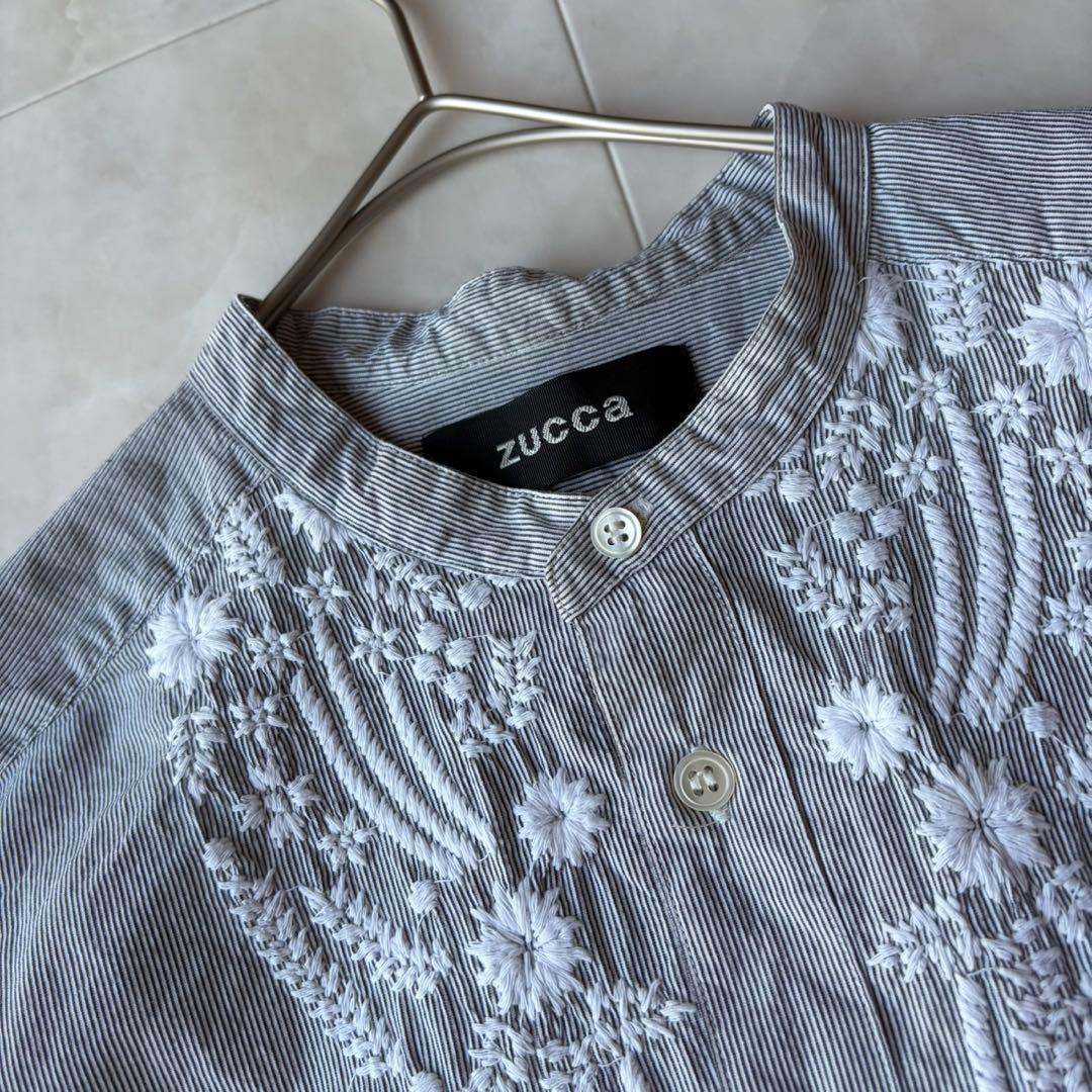 美品✨ZUCCa 贅沢ボタニカル刺繍 ストライプ ロングシャツワンピース M