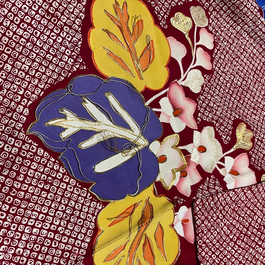 正絹 アンティーク着物 振袖 疋田柄に金駒刺繍