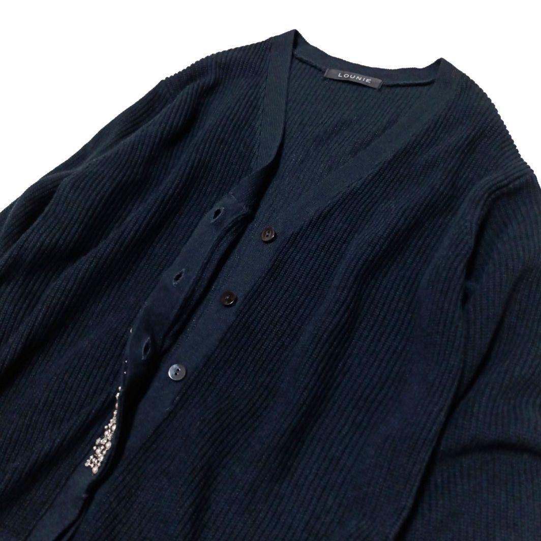 美品　ルーニィ　ビジュー付リネンブレンドリブニットカーディガン　羽織　上品