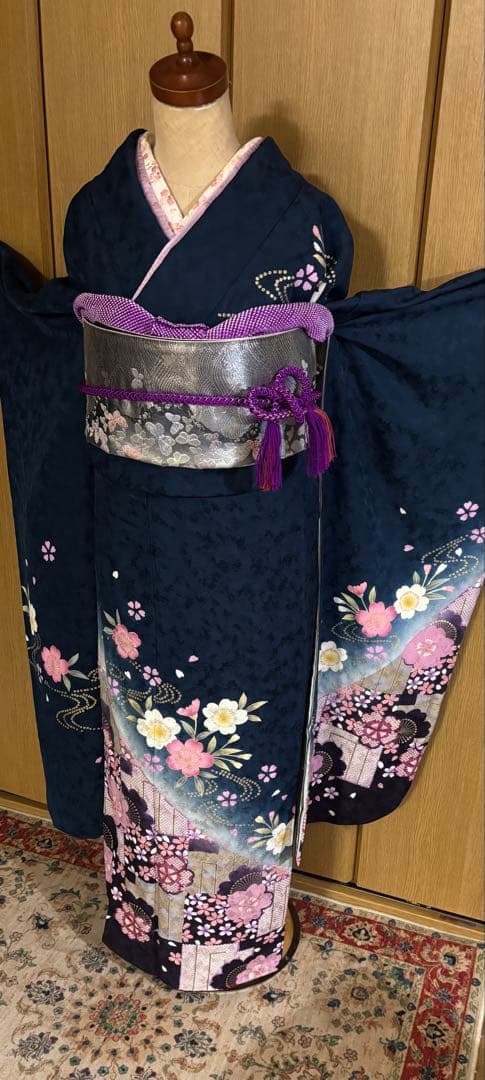 藍色地に小桜文様　金彩 着物のやまと謹製　正絹振袖 6点フルセット　トール