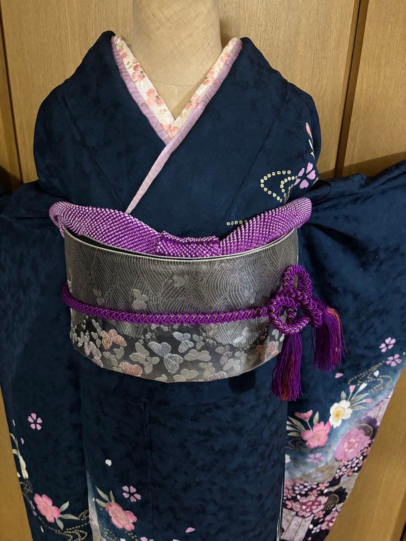 藍色地に小桜文様　金彩 着物のやまと謹製　正絹振袖 6点フルセット　トール