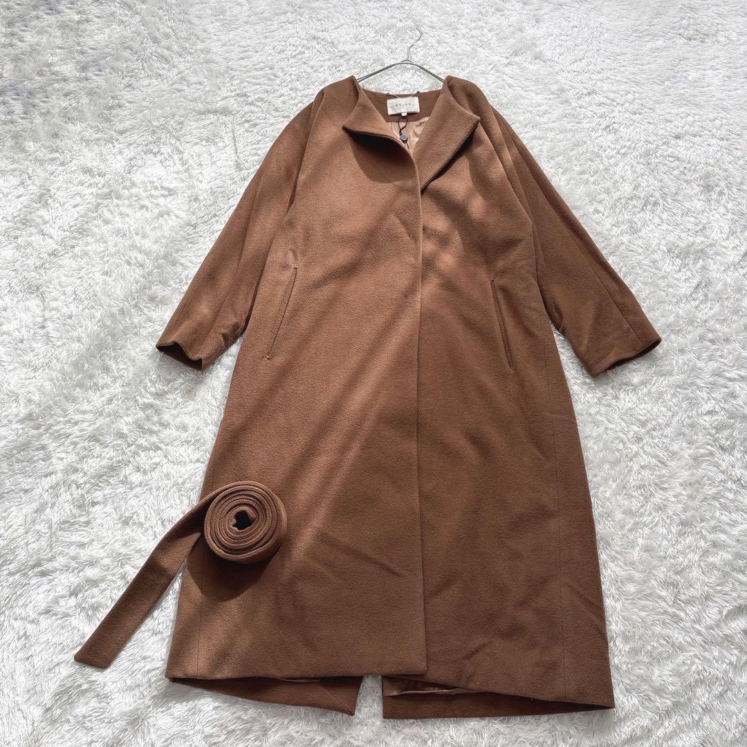 BEIGE, BLUNTS ノーカラーコート アンゴラ混 ベルト付き ブラウン