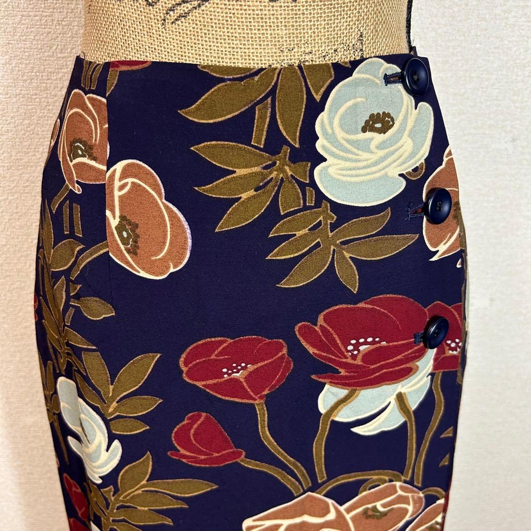 美品✨【KENZO】花柄タイトロングスカート　さらさら　日本製　ネイビー　M