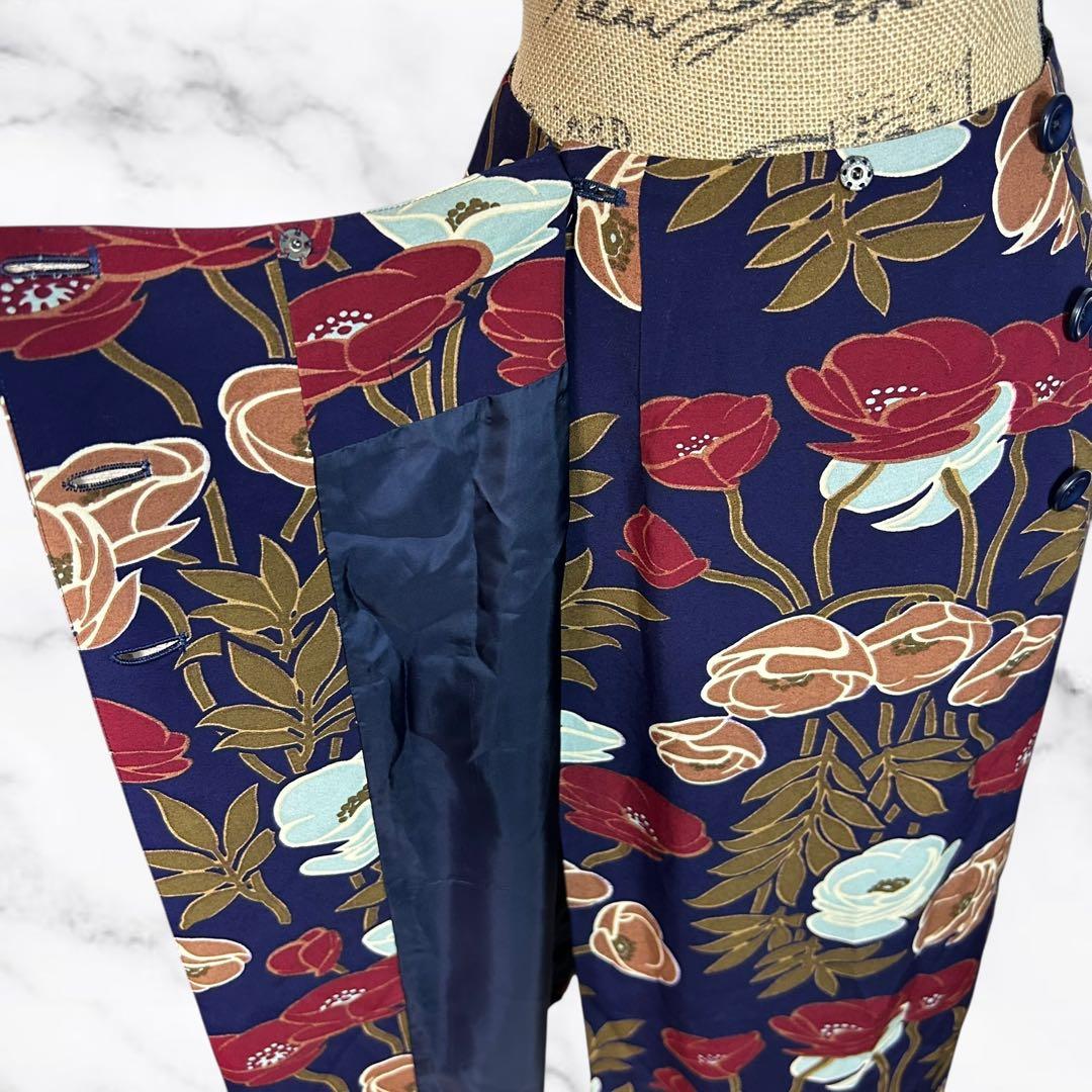美品✨【KENZO】花柄タイトロングスカート　さらさら　日本製　ネイビー　M