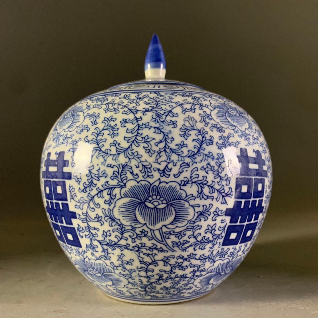 中国美術 青花双喜字西瓜壇 景徳鎮陶磁器 装飾品 置物