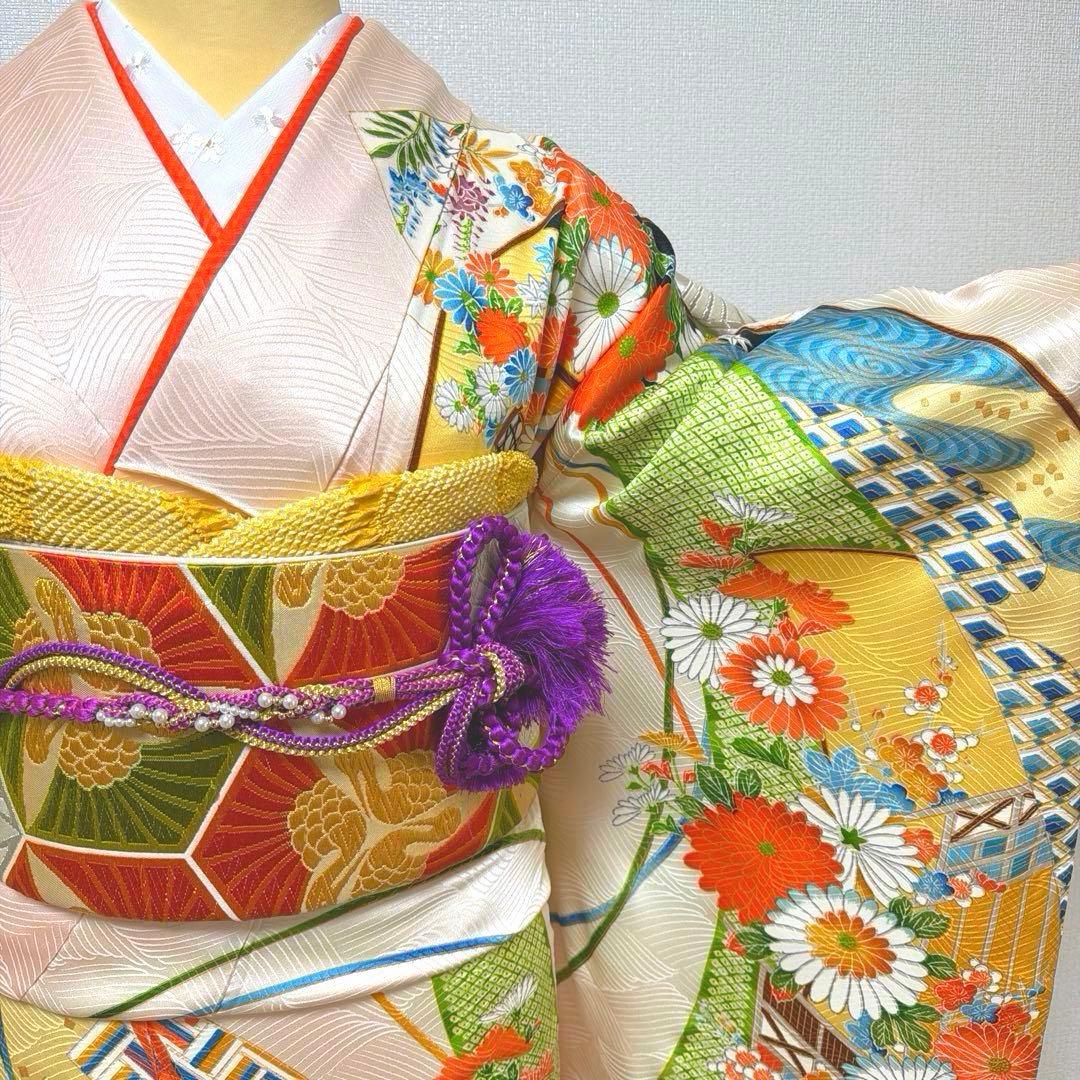29 振袖フルセット 正絹 薄桃 薄ピンク オレンジ 黄緑 金彩 駒刺繍 暈し染