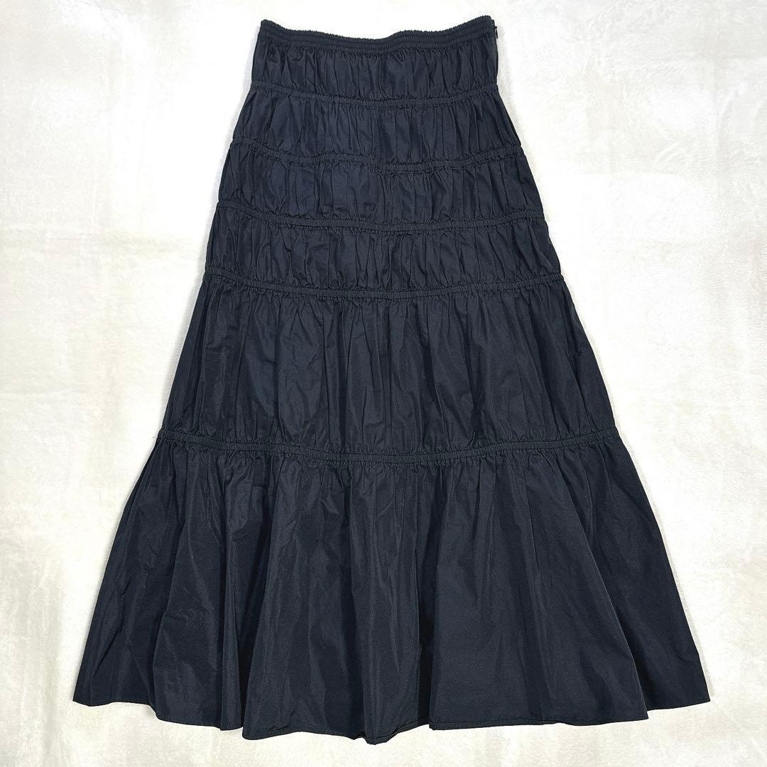 極美品 ロエフ 黒 グロッシー タフタ ギャザースカート ロング マキシ丈