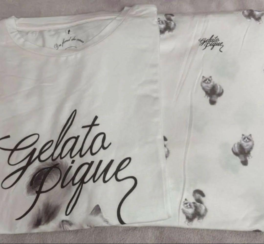 ジェラートピケ CAT柄Tシャツ＆パンツ セットアップ　ピンクベージュ