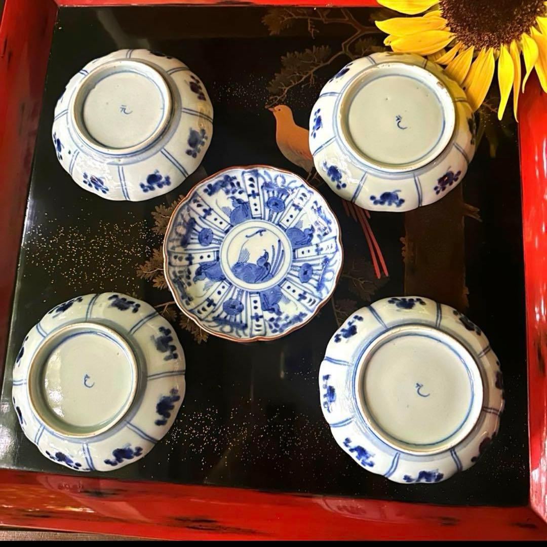 2220様感謝‼️最上手BLUE古伊万里『蓮に五位鷺』手塩皿切支丹5客
