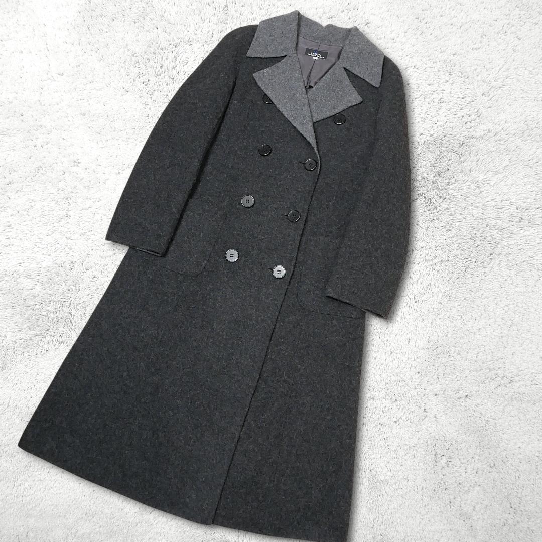 美品【ヨシエイナバ】ウール ダブルロングコート 9 グレー レキップ バイカラー