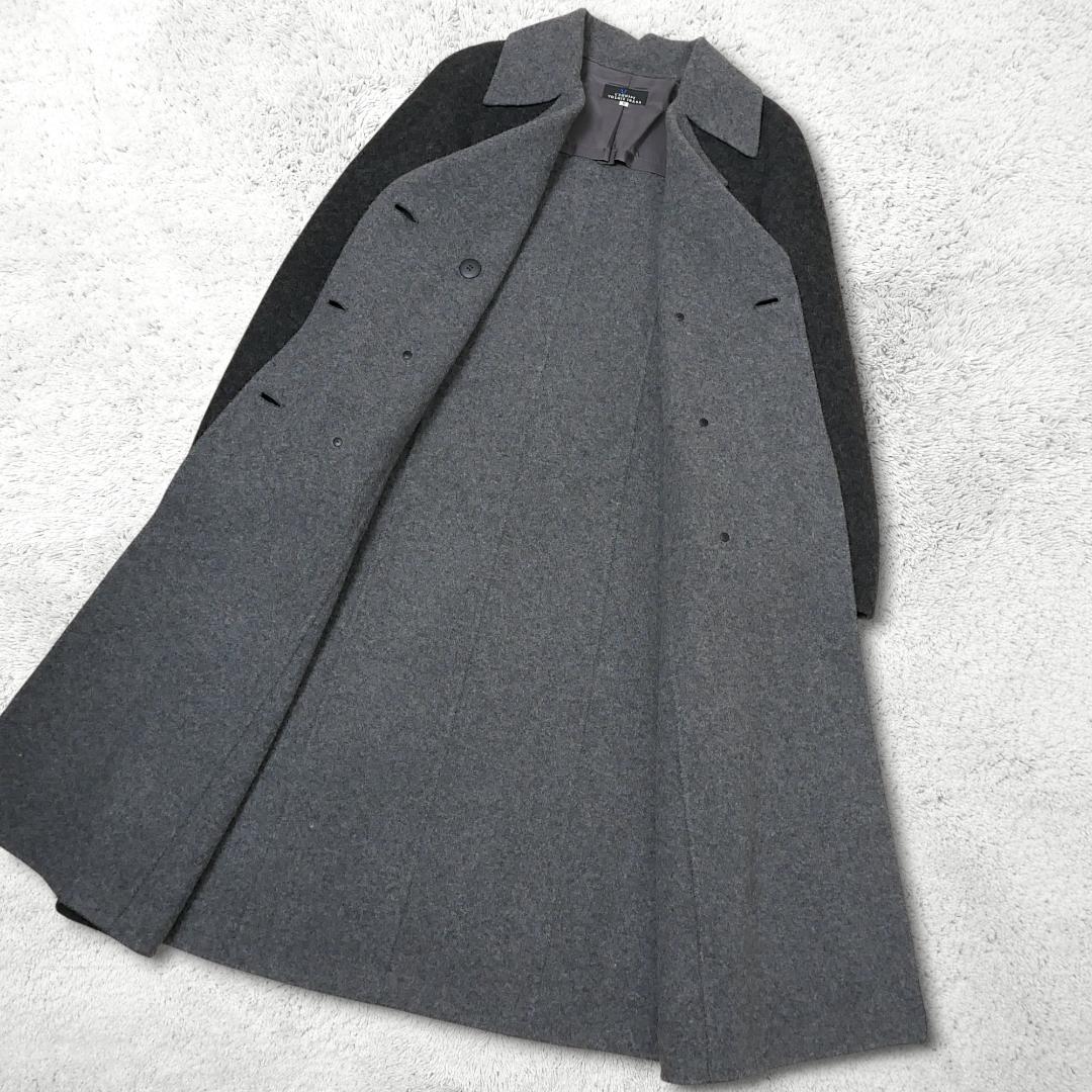 美品【ヨシエイナバ】ウール ダブルロングコート 9 グレー レキップ バイカラー