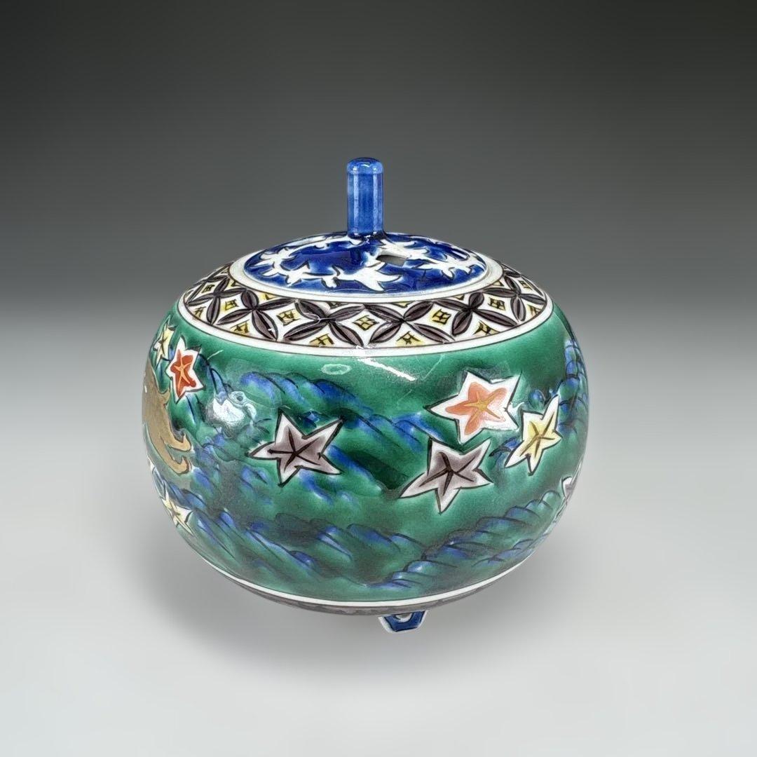 【茶道具】山田晃造　九谷焼　緑彩鹿　香炉（共箱）★送料込★