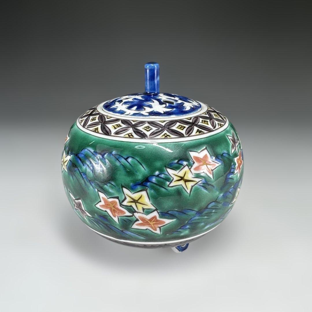 【茶道具】山田晃造　九谷焼　緑彩鹿　香炉（共箱）★送料込★