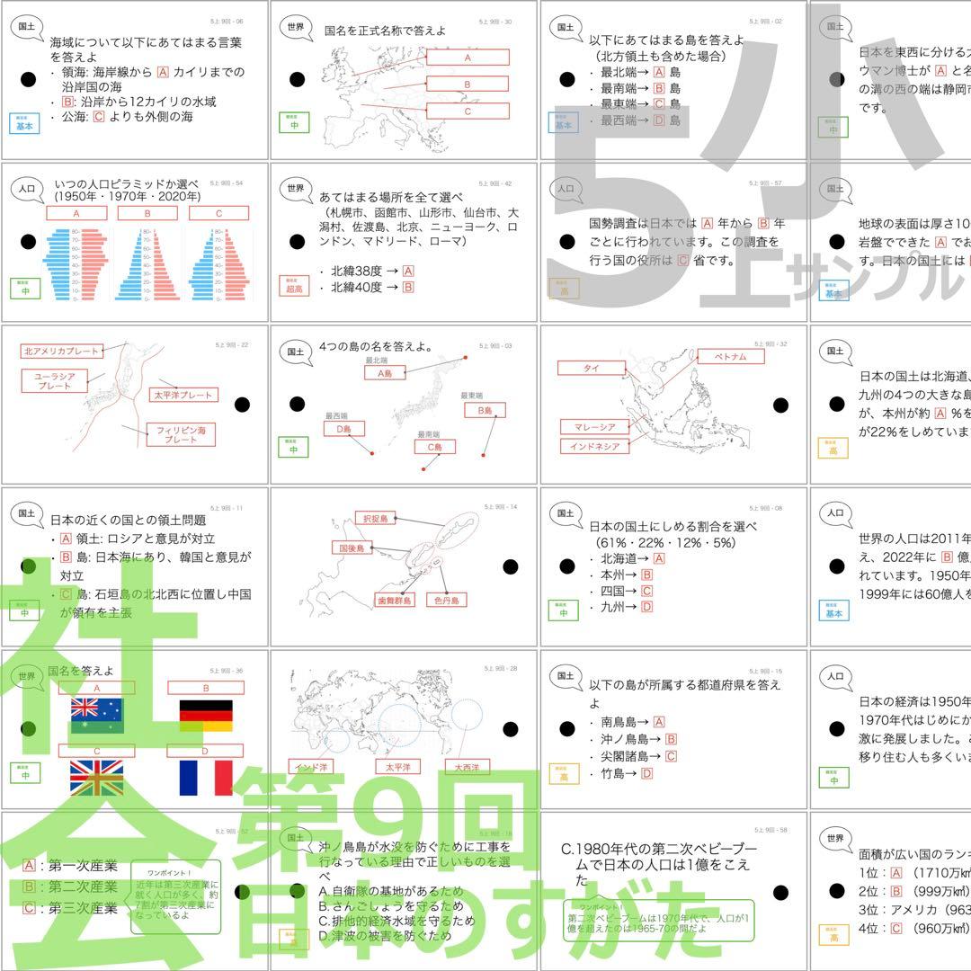 中学受験 暗記カード【5年上 社会 1-9回セット】組分けテスト 予習シリーズ