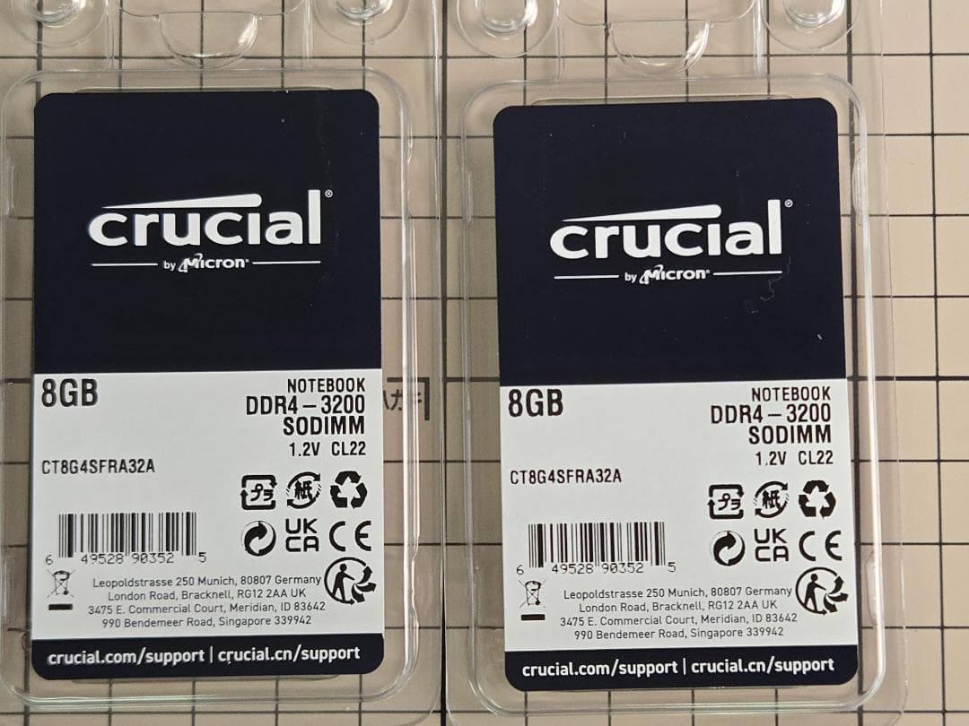 crucial 8G DDR4-3200 SODIMM 1R ×２（中古16G）