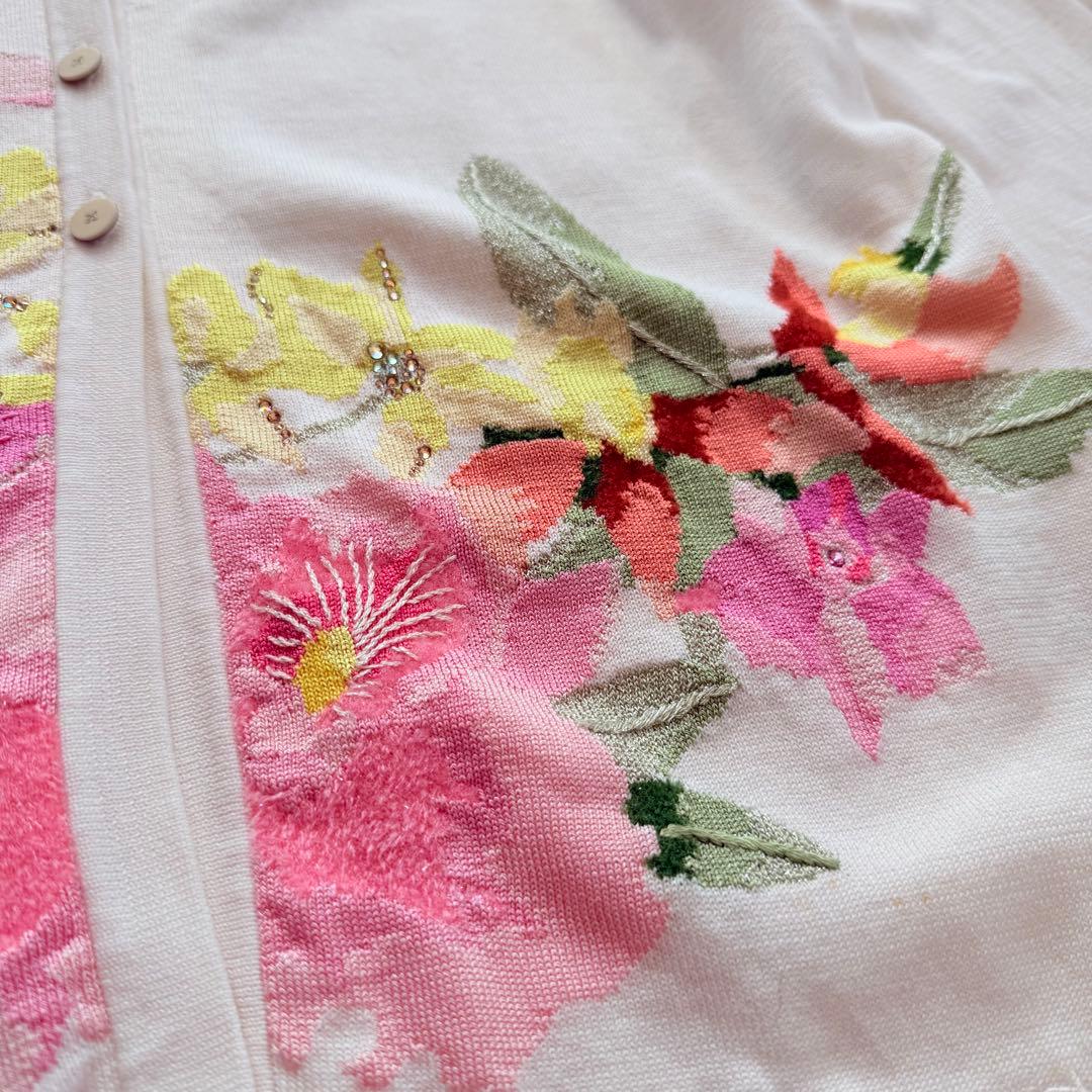 美品★レオナール カーディガン 花柄刺繍 ラインストーン 薄手 ホワイト LL