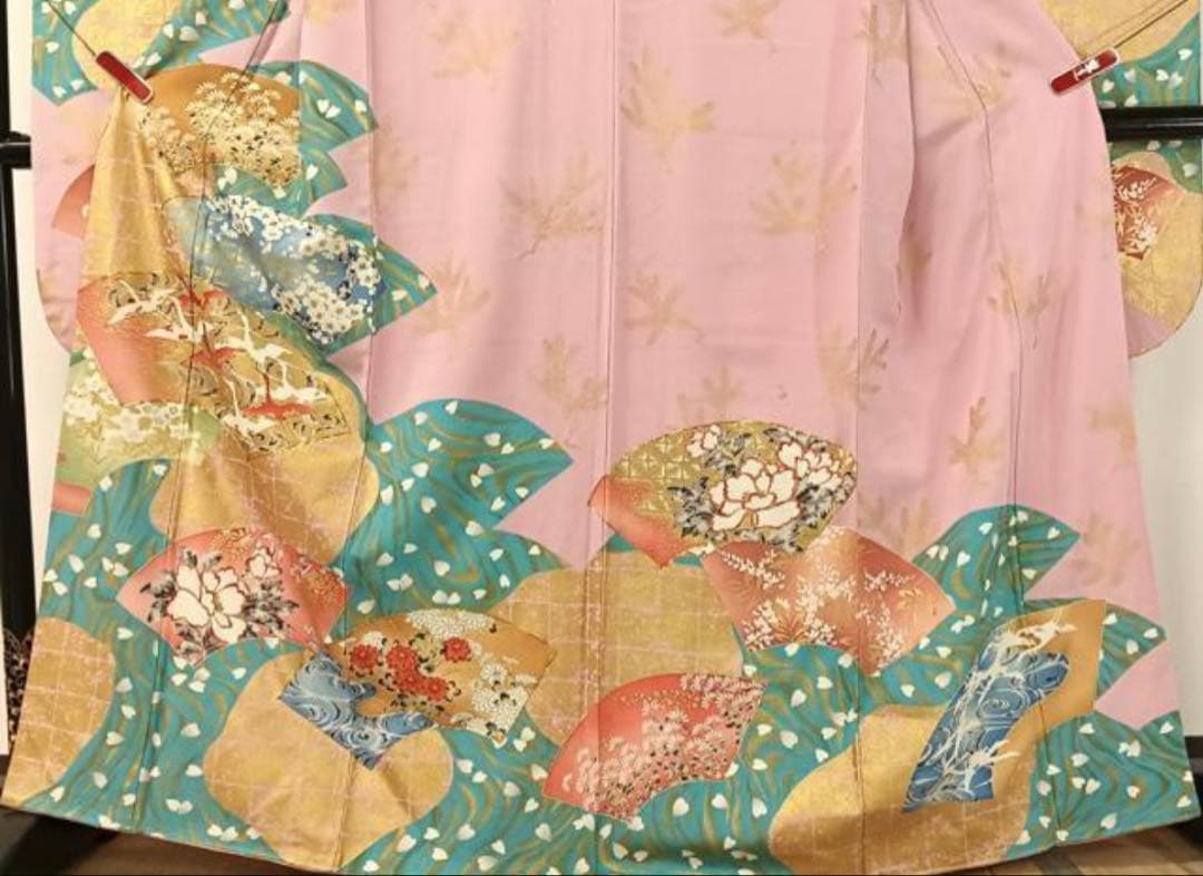 振袖フルセット6点サイズM〜Ｌ駒刺繍　地紙飛鶴花文　金彩　正絹