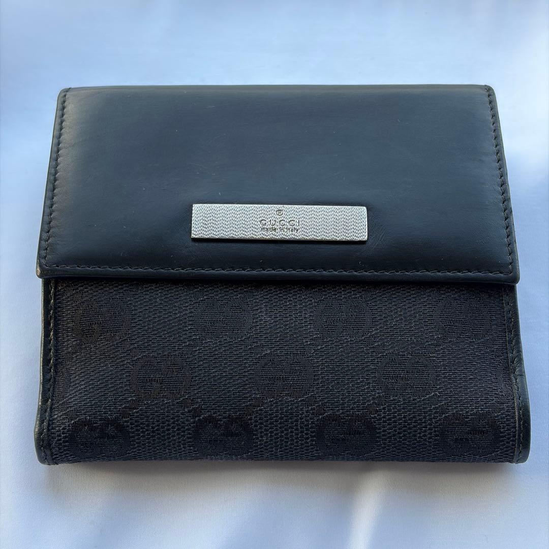 GUCCI グッチ 二つ折り財布 シマ レザー×キャンバス
