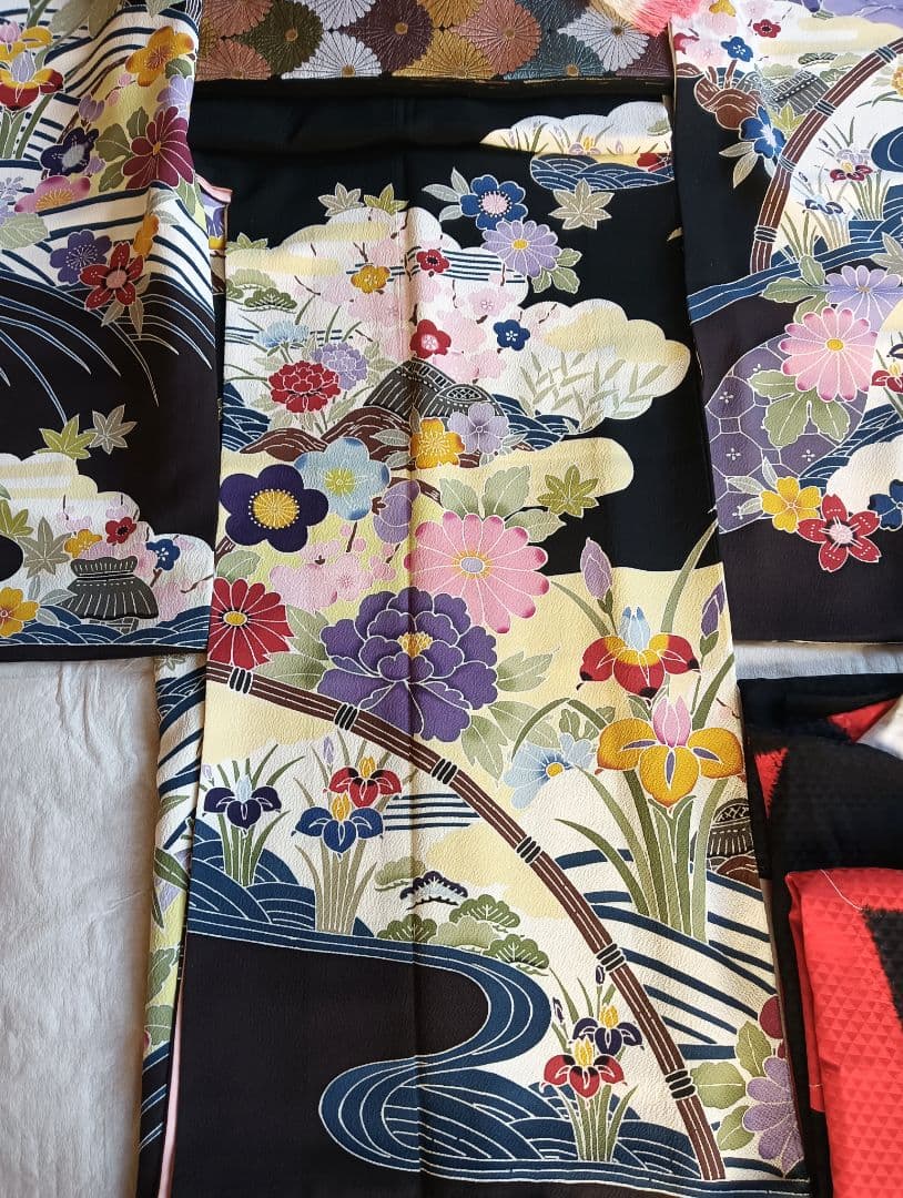 高級　京紅型　有名作家　黒　振袖フルセット　伝統工芸　丈164 裄67
