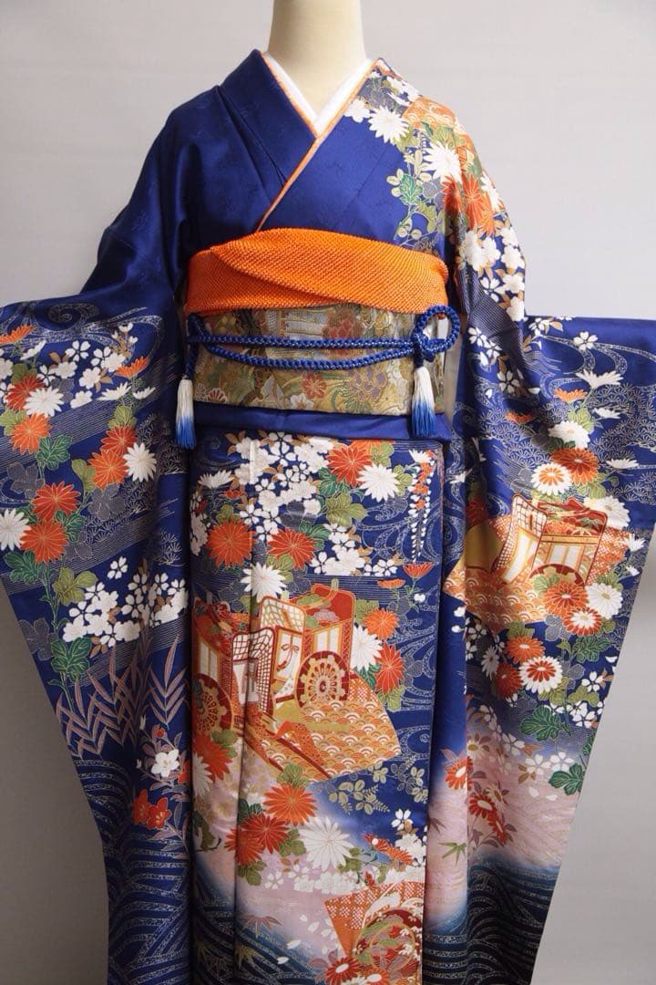 振袖フルセット 青 白 オレンジ 正絹 成人式 前撮り