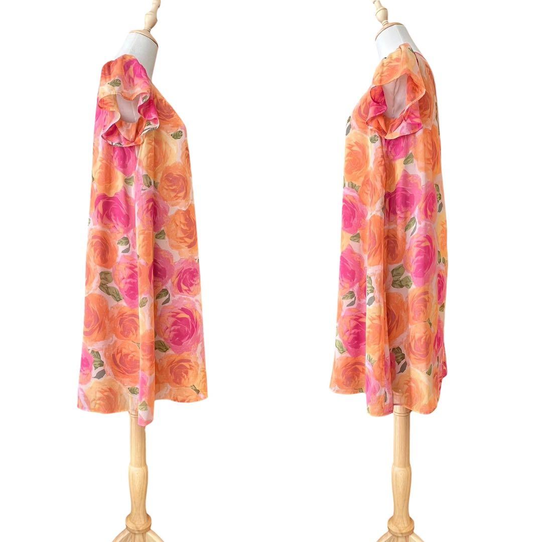 美品【エムズグレイシー】花柄フレンチスリーブひざ丈ワンピース☆ギャザー☆春夏☆M