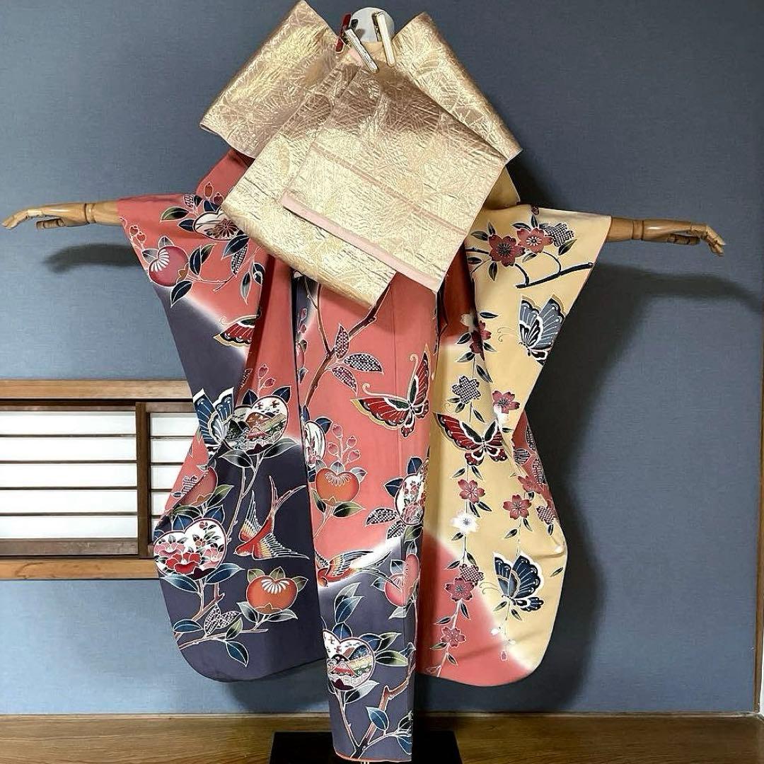 振袖フルセット　手描き京紅型　成人式振袖　振袖 ➕サイズ　川島織物