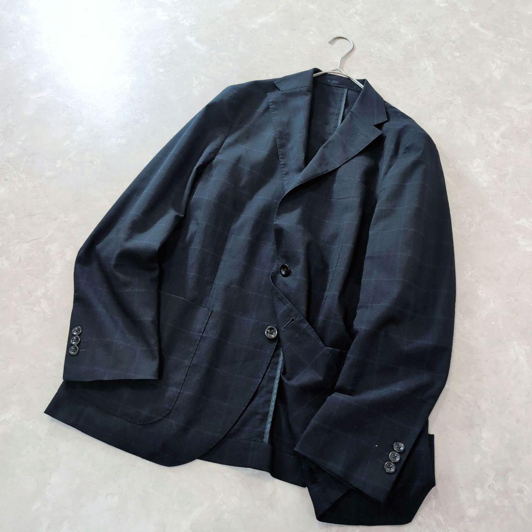 【極美品】アオヤマ　洗える　高機能　ネイビー　チェック　L　春夏　ストレッチ