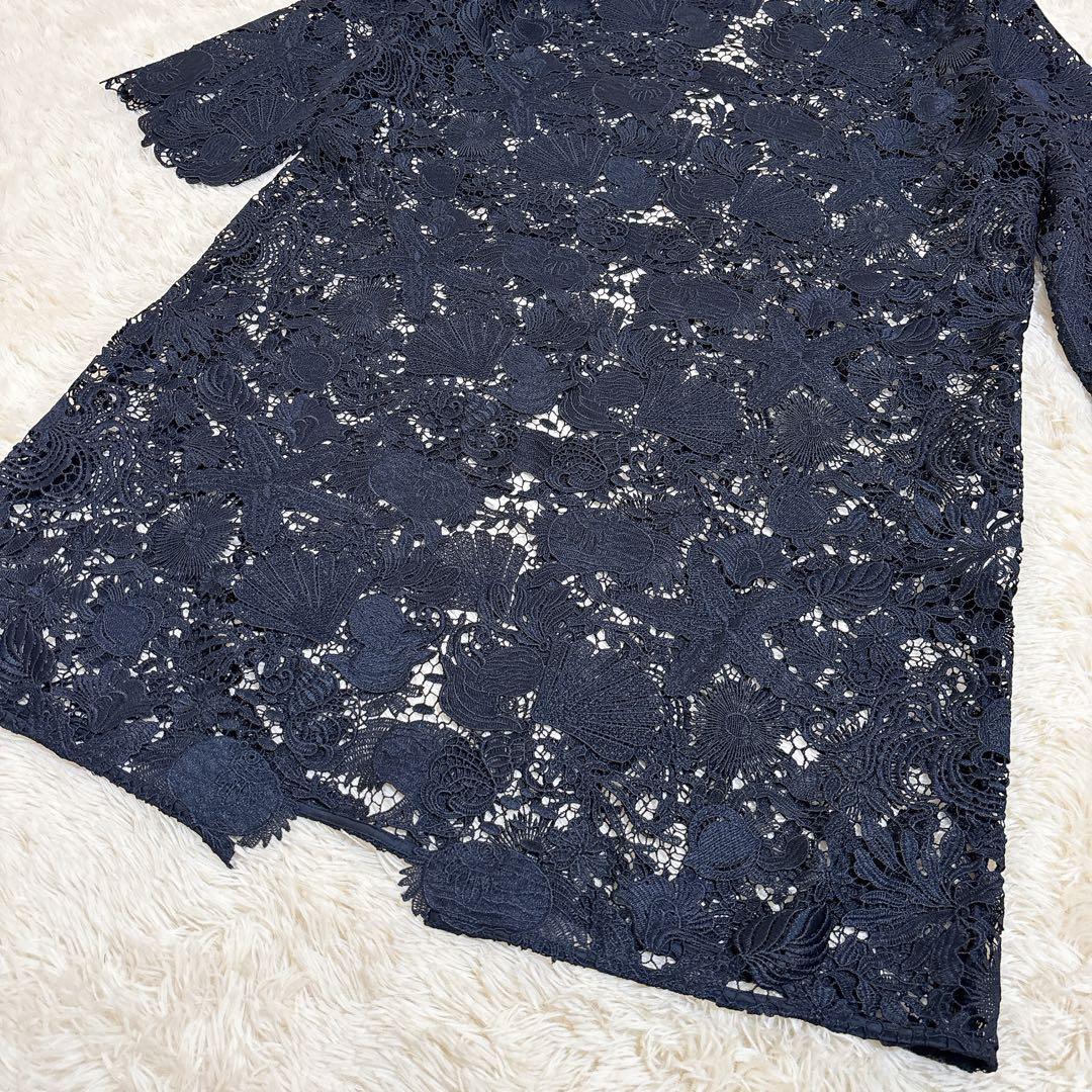 美品☆ダーマコレクション 総レース ロングカーディガン シェル 魚 ネイビー