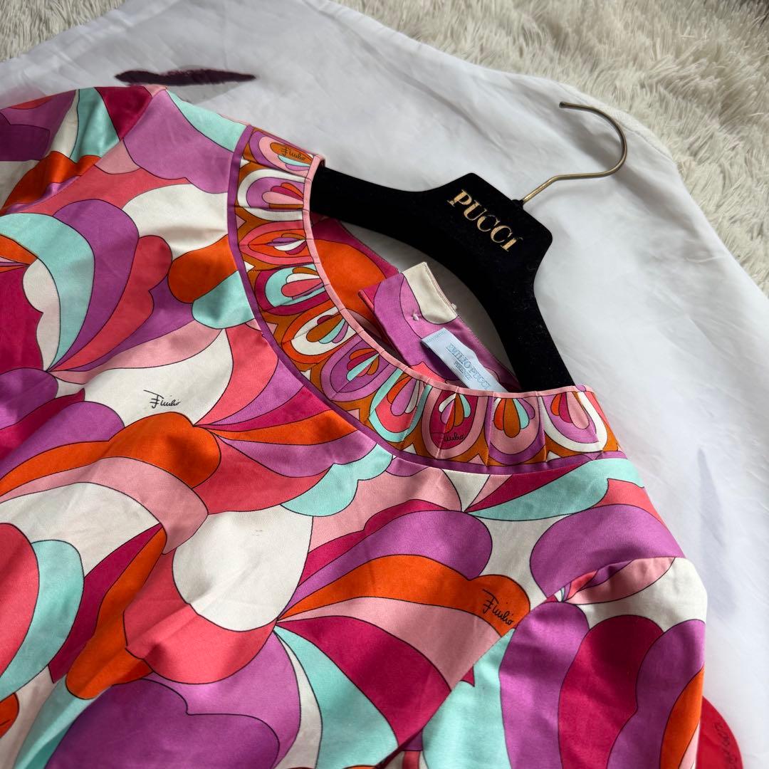 EMILIO PUCCI プッチ柄ワンピース 半袖 ピンク オレンジ M 背中