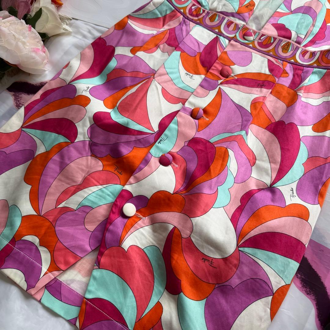 EMILIO PUCCI プッチ柄ワンピース 半袖 ピンク オレンジ M 背中