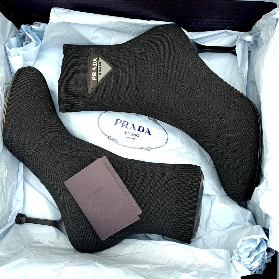 【極美品】PRADA プラダ　ブラックニットソックスブーツ　三角ロゴ　サイズ38