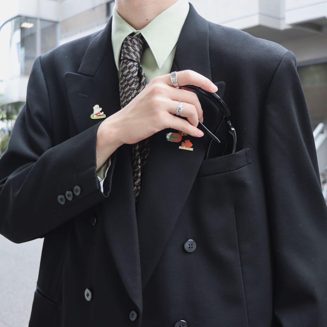 90s 黒×緑色セットアップ シャツネクタイ付属 ワイドスラックス ピンズ
