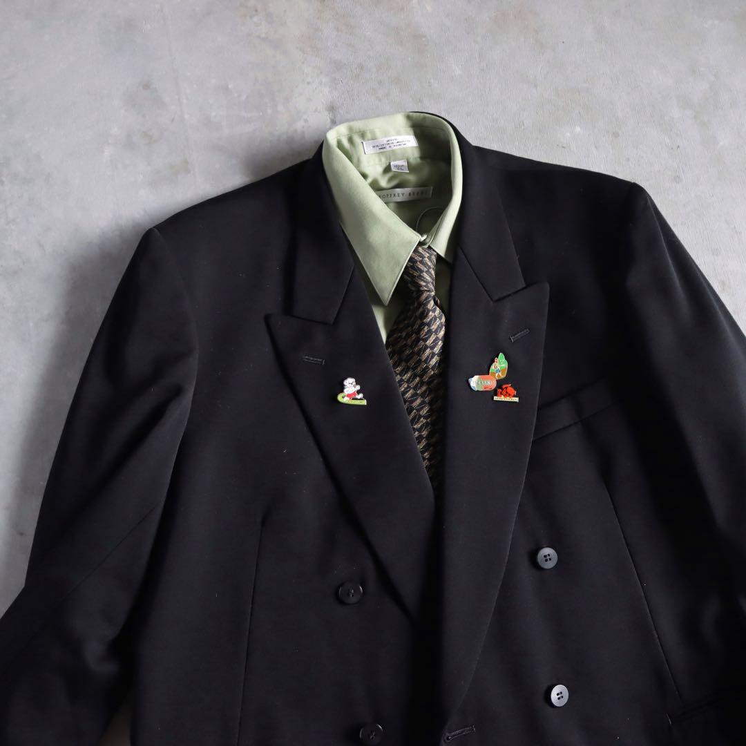 90s 黒×緑色セットアップ シャツネクタイ付属 ワイドスラックス ピンズ