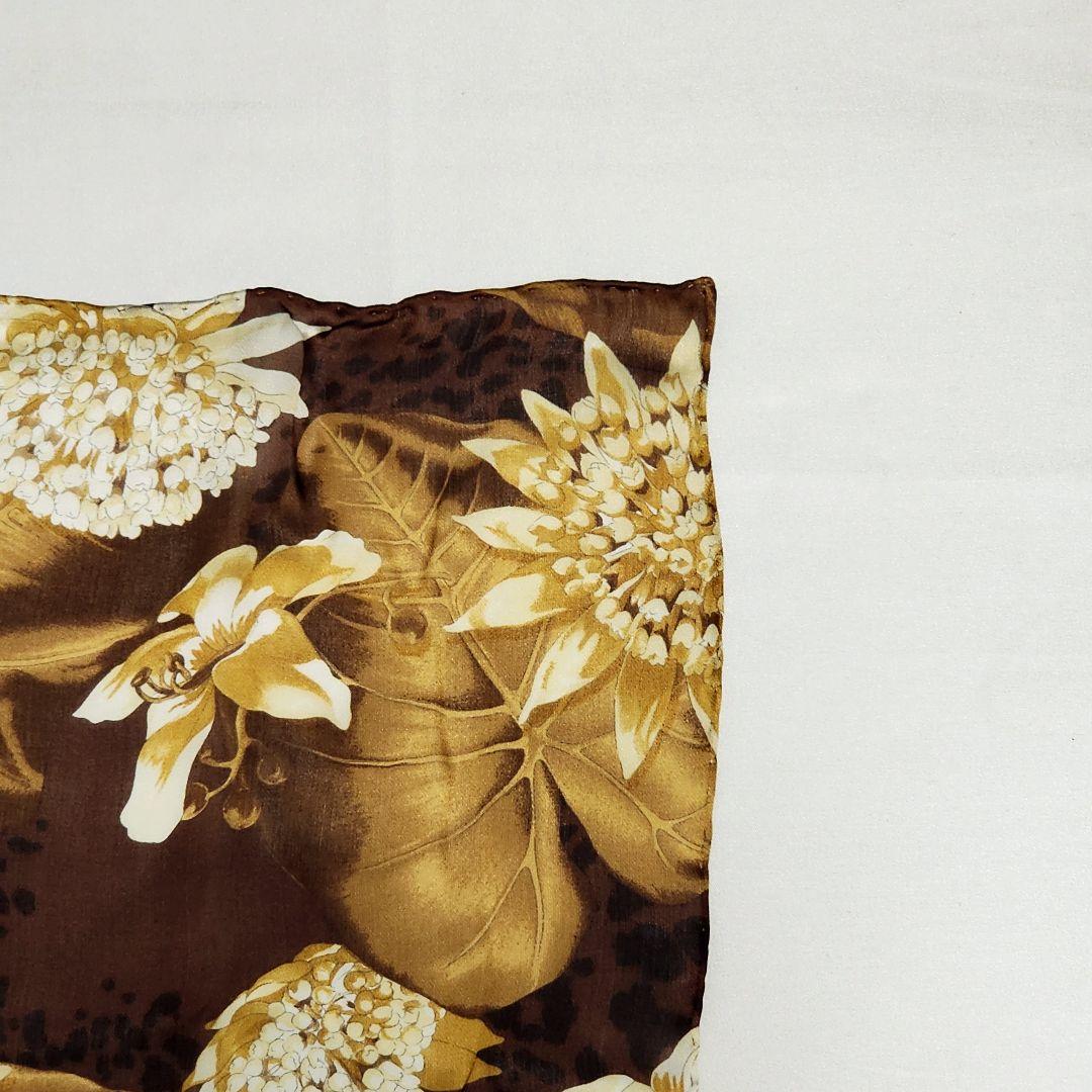 極美品 Ferragamo ストール シフォン 花 リーフ シルク ブラウン.
