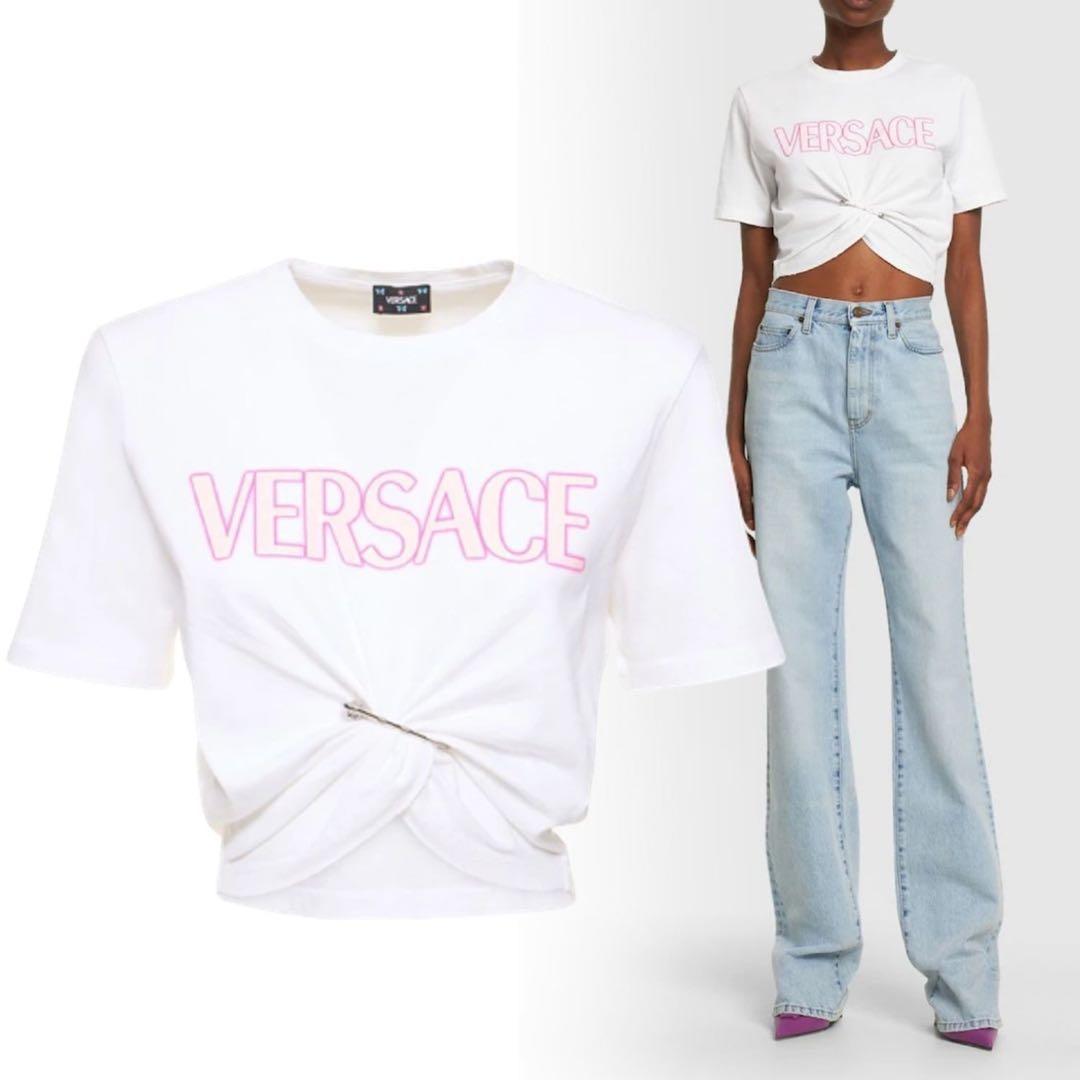 VERSACE クロップド　Tシャツ　安全ピン　ホワイト　ピンク　36