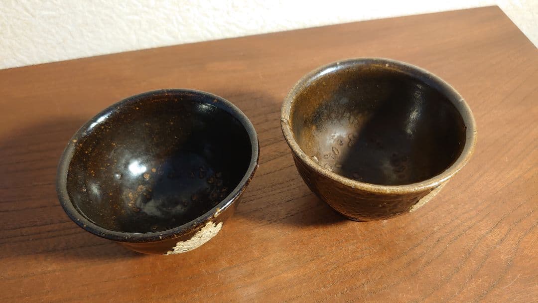 古備前　ぐい呑み　盃　木の葉天目　黒釉　アンティーク備前　江戸期　蔵出し　2客