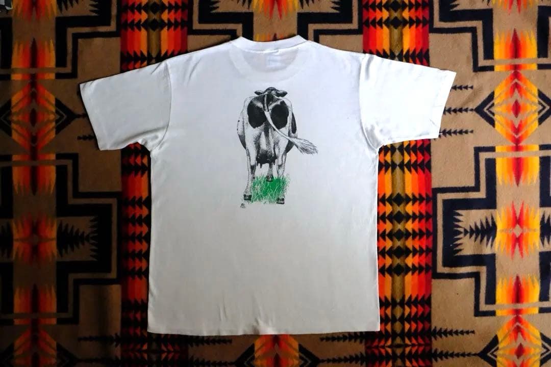 80s JERZEES 牛 両面プリントTシャツ シングルステッチ アニマルT