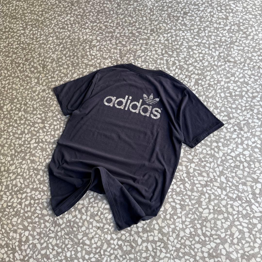 【80年代usa製、シングルステッチ】オールドアディダス両面ロゴTシャツ紺常田
