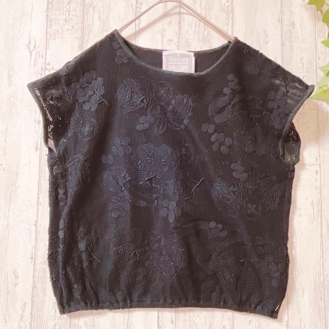 美品✨BEARDSLEY 刺繍レース Tシャツ切替トップス F 黒 体型カバー