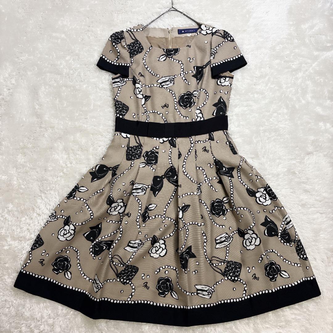 ✨M'S GRACY✨ ワンピース 40 花柄 リボン フレア 半袖 上品