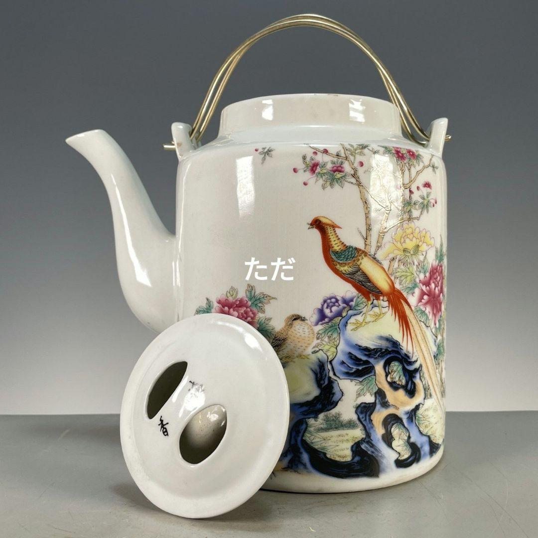中国茶器 粉彩富貴吉祥図提梁壺 茶壺 煎茶器 工芸品 置物