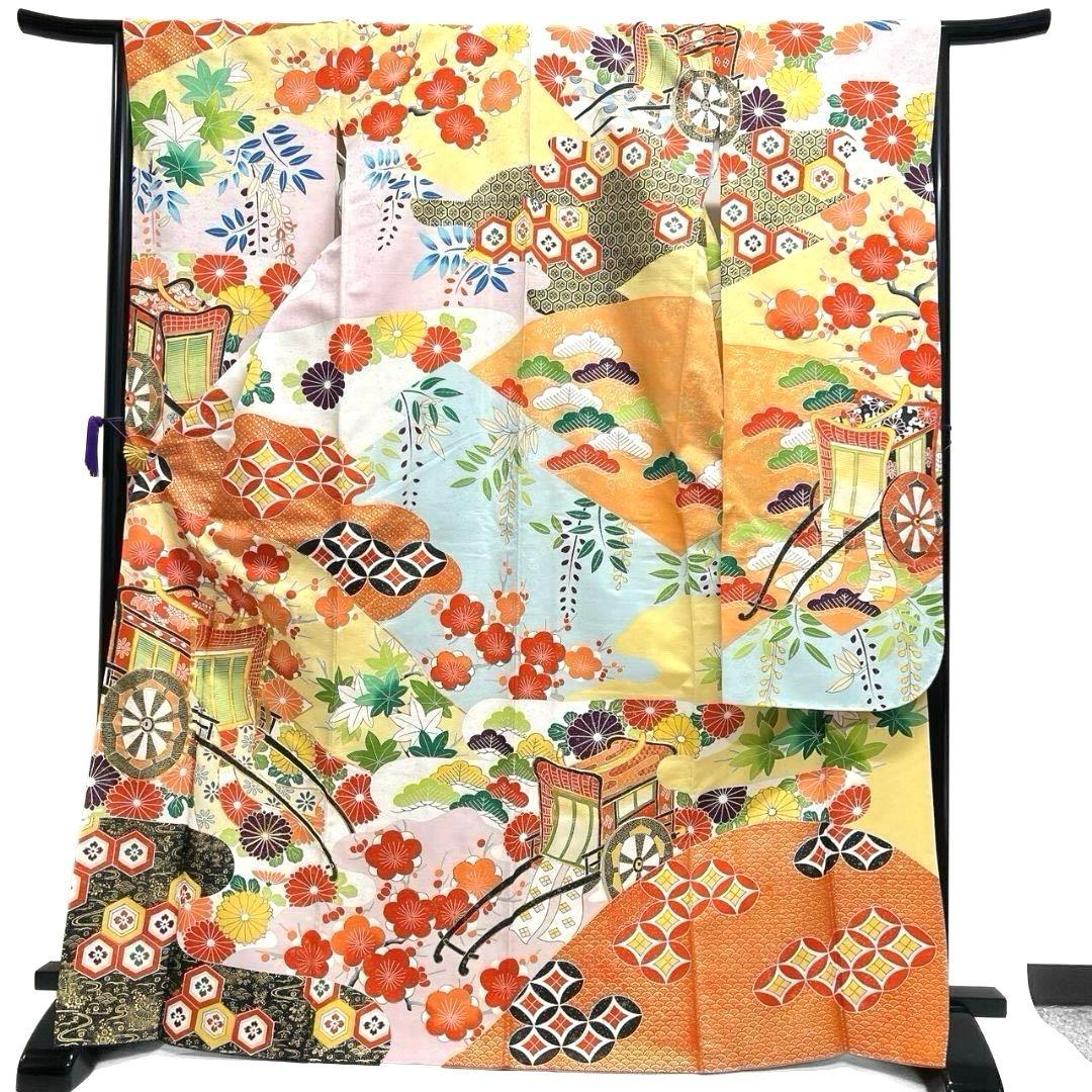 振袖　金駒刺繍　金彩　御所車　七宝　藤の花　花模様　成人式 着物 045a p