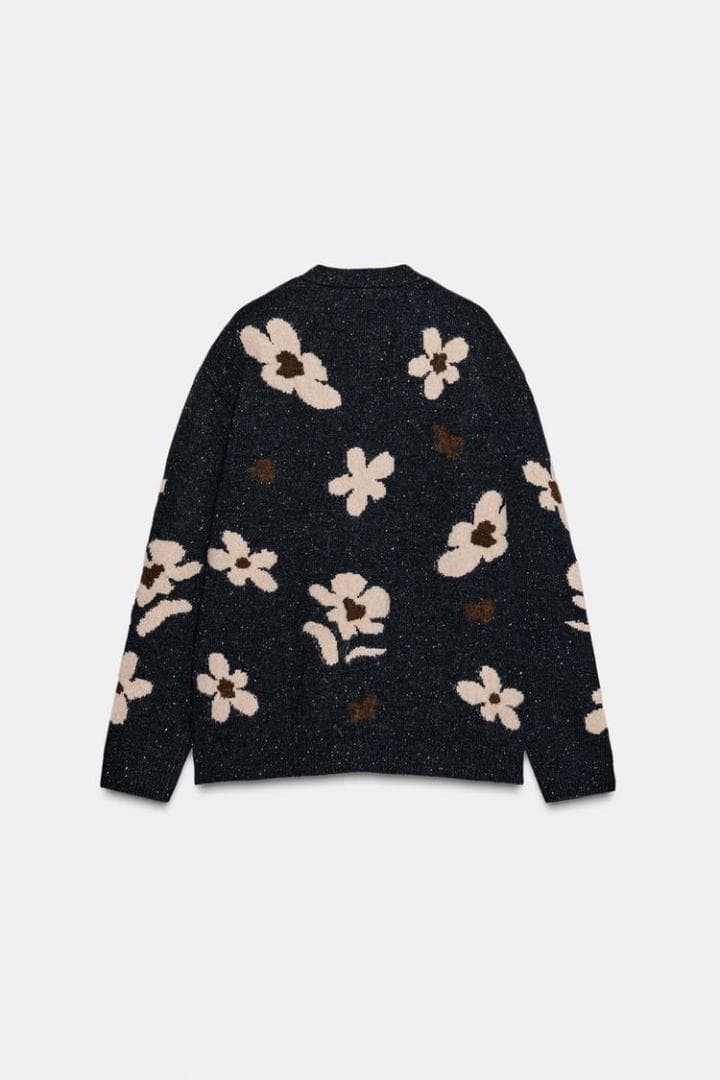 ZARA ザラ オーバーサイズジャカードフラワーニットカーディガン M