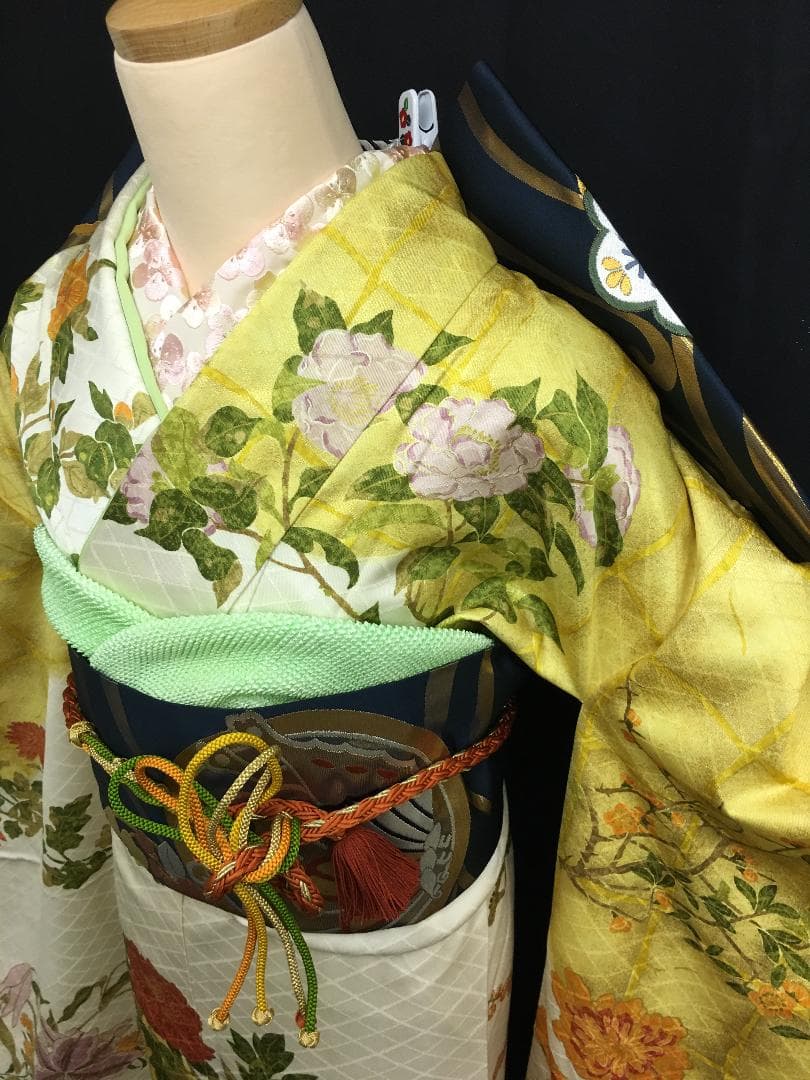 本加工白地に黄色×金染め分け 四季の花 振袖 フルセット 多ち花